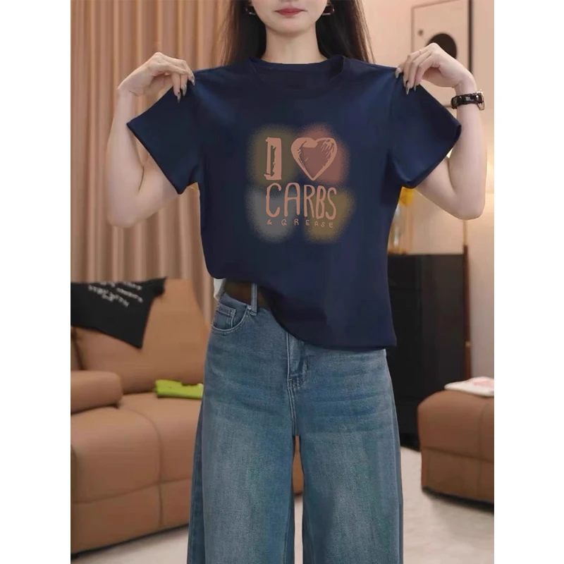 2025新款正肩短袖t恤女装设计感小众时尚百搭洋气藏青色上衣夏季