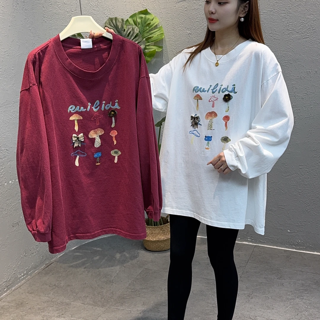 9602秋季新款韩版磨菇蝴蝶节宽松休闲大版长袖磨毛T恤女