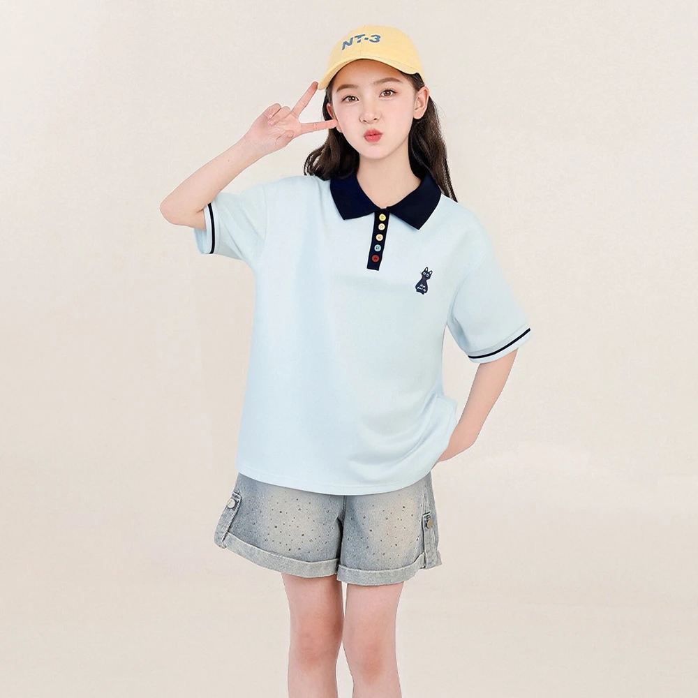 女童学院风polo衫短袖T恤2025夏季小猫可爱印花儿童上衣Q62595