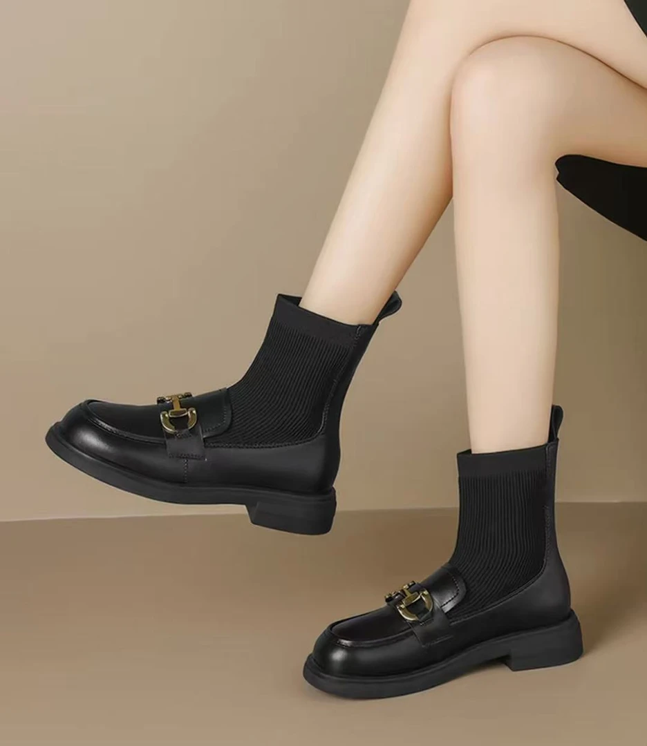 W245r瘦瘦袜子靴粗跟短靴女秋冬爆款连袜弹力英伦风小皮靴薄绒