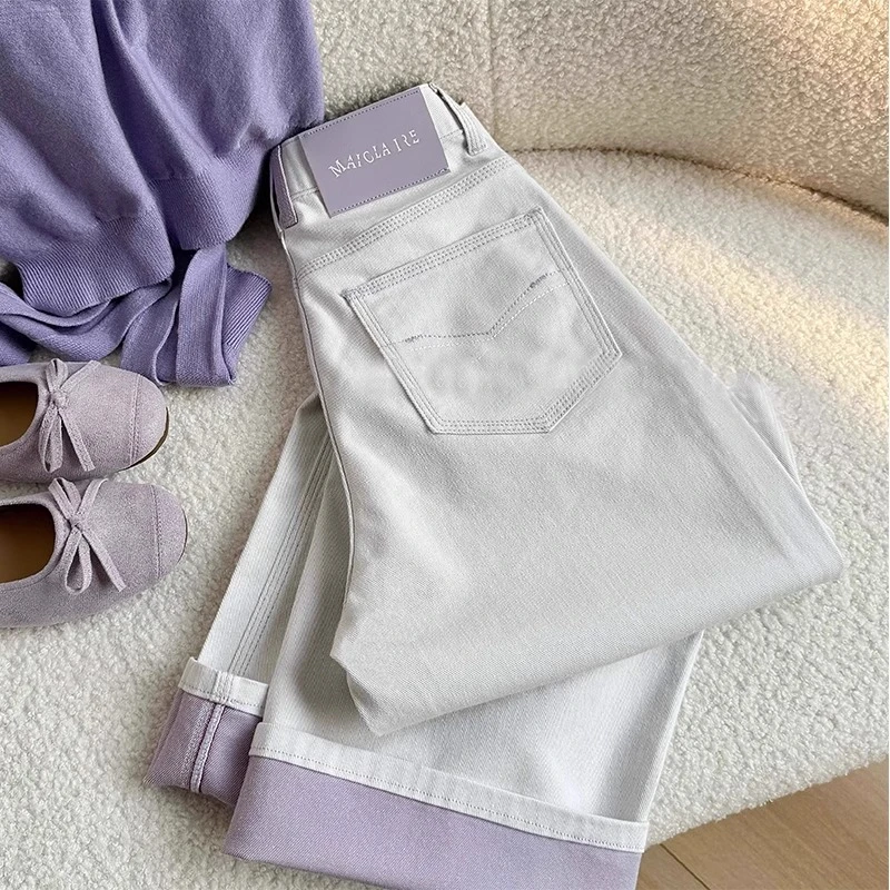 香芋紫双色直筒牛仔裤女2025春夏新款刺绣大码胖mm显瘦高腰阔腿裤