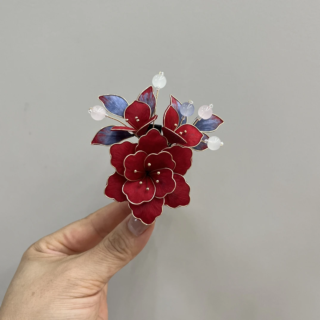 非遗蚕丝绒花纯手工制作超仙发簪发夹头饰日常古风头饰红色边夹