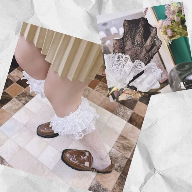 洛丽塔袜子少女多层蕾丝花边堆堆袜蝴蝶结镂空网袜中筒袜小腿袜薄