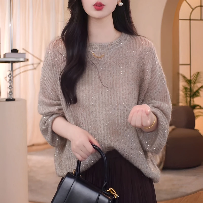 法式复古亮片毛衣针织衫女冬季2025新款温柔宽松显瘦气质套头上衣