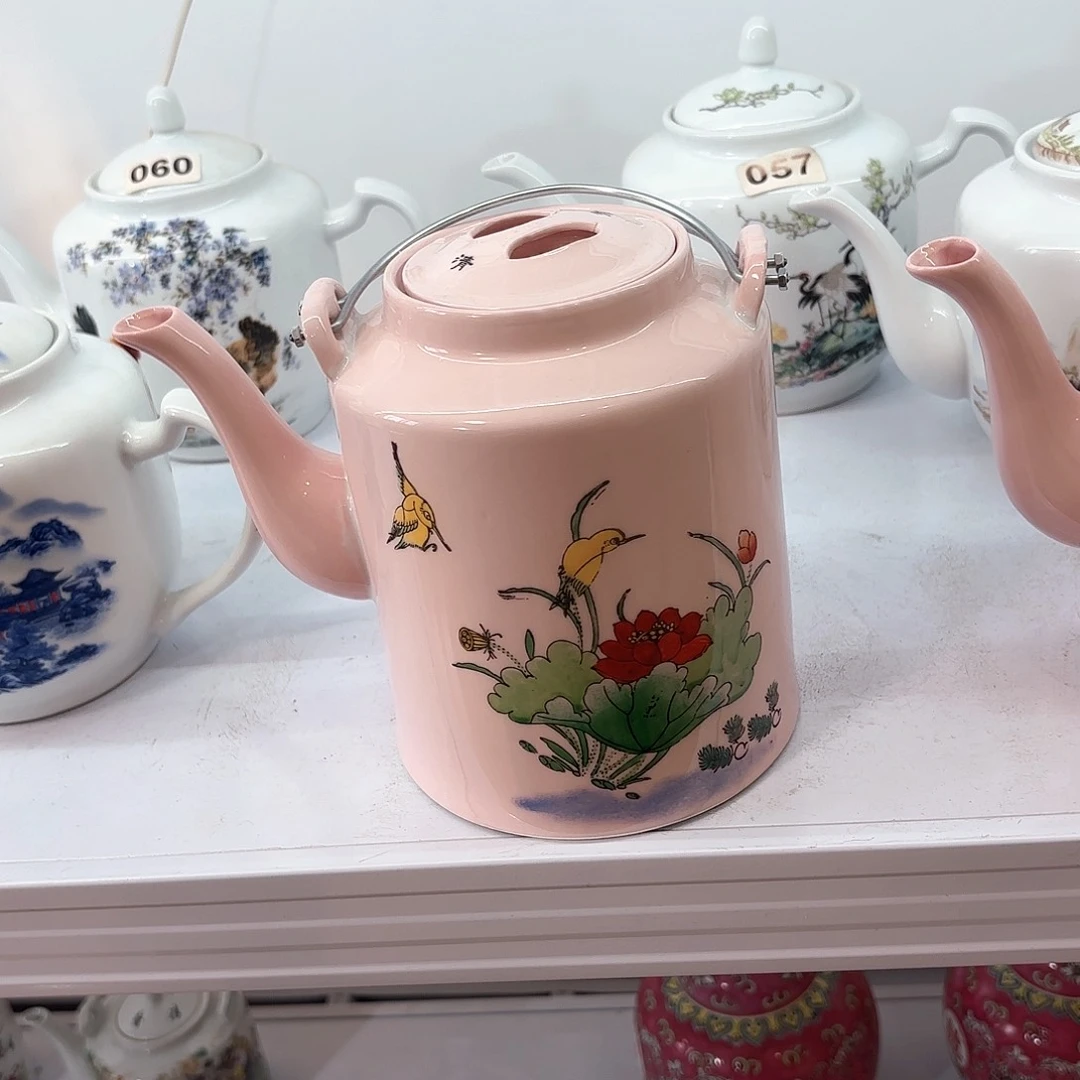壶陶瓷森*荷花翠鸟三斤提梁壶红稀稀