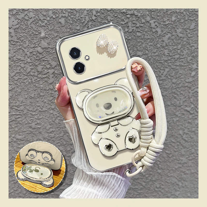 适用【荣耀100/pro】手机壳新款流沙熊镜子支架女蝴蝶结防摔套硅胶
