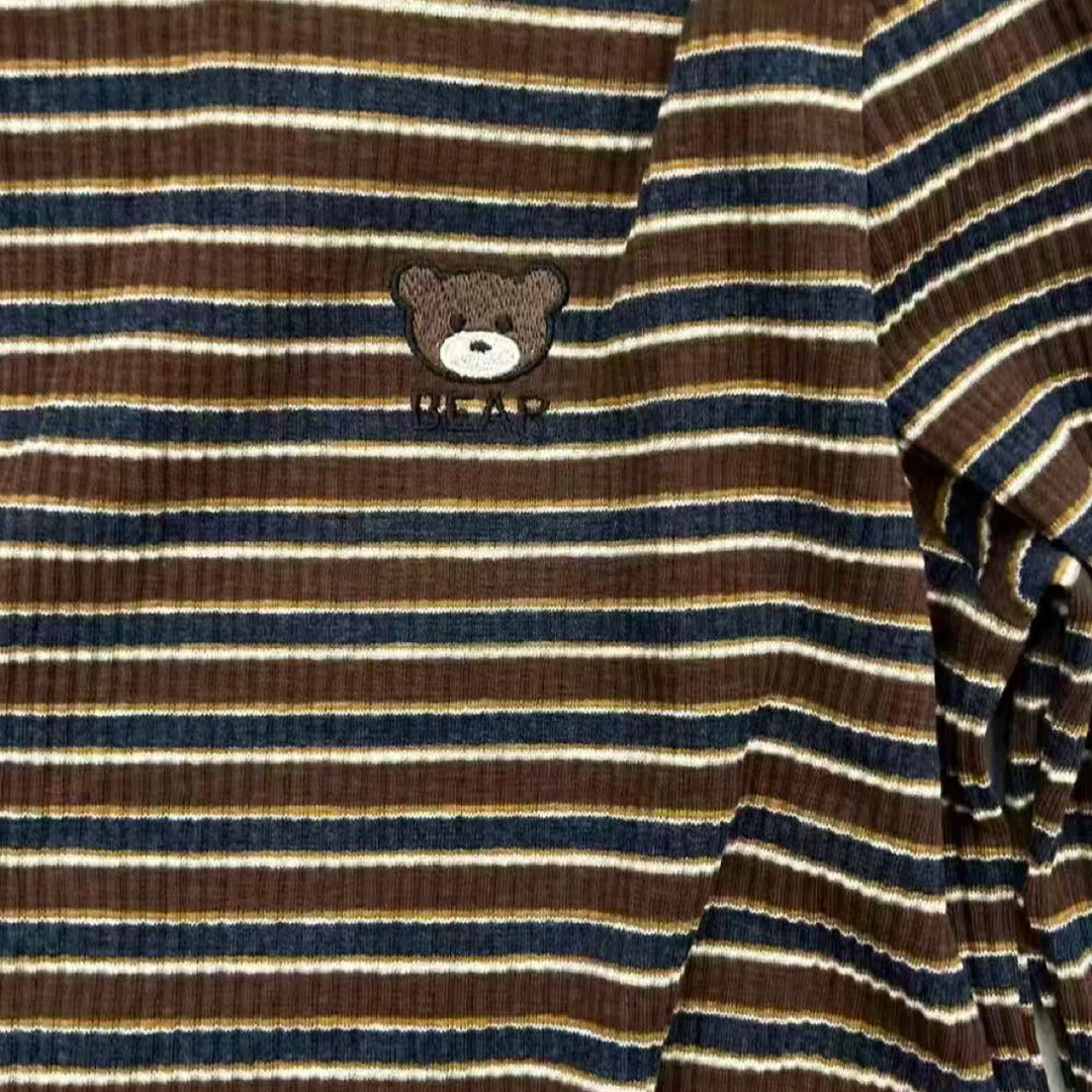 咖色刺绣条纹小熊螺纹棉弹力