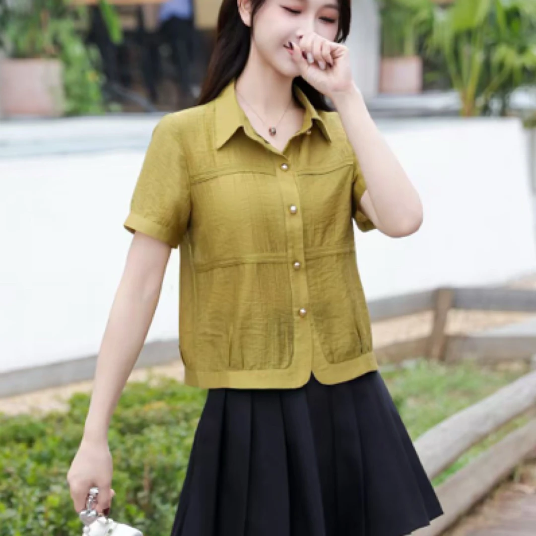 29506#【衣长53】女士夏季纯色短袖翻领宽松休闲显瘦衬衫洋气上衣