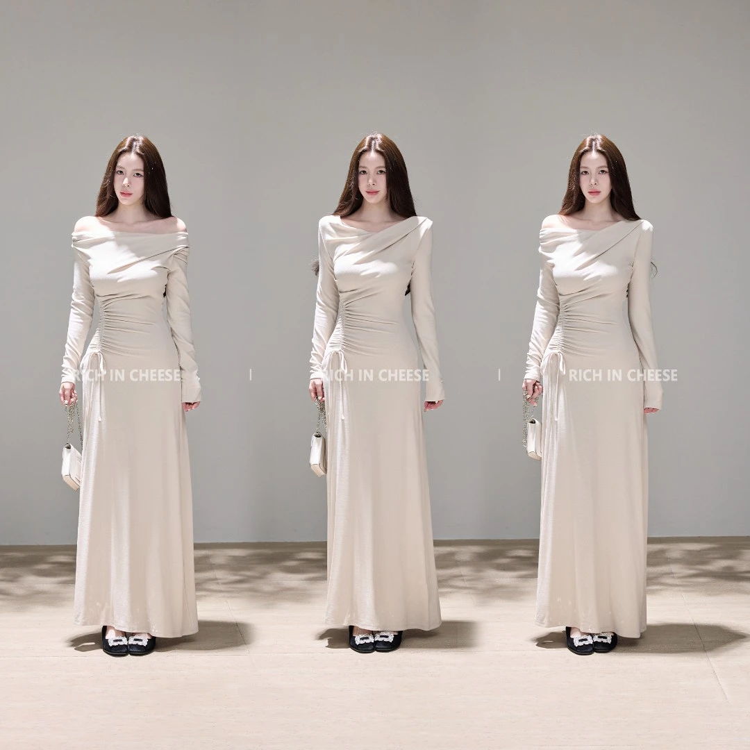 舒胡蕾  姐感冬日 荡领抽绳收腰显瘦长袖针织连衣裙长裙