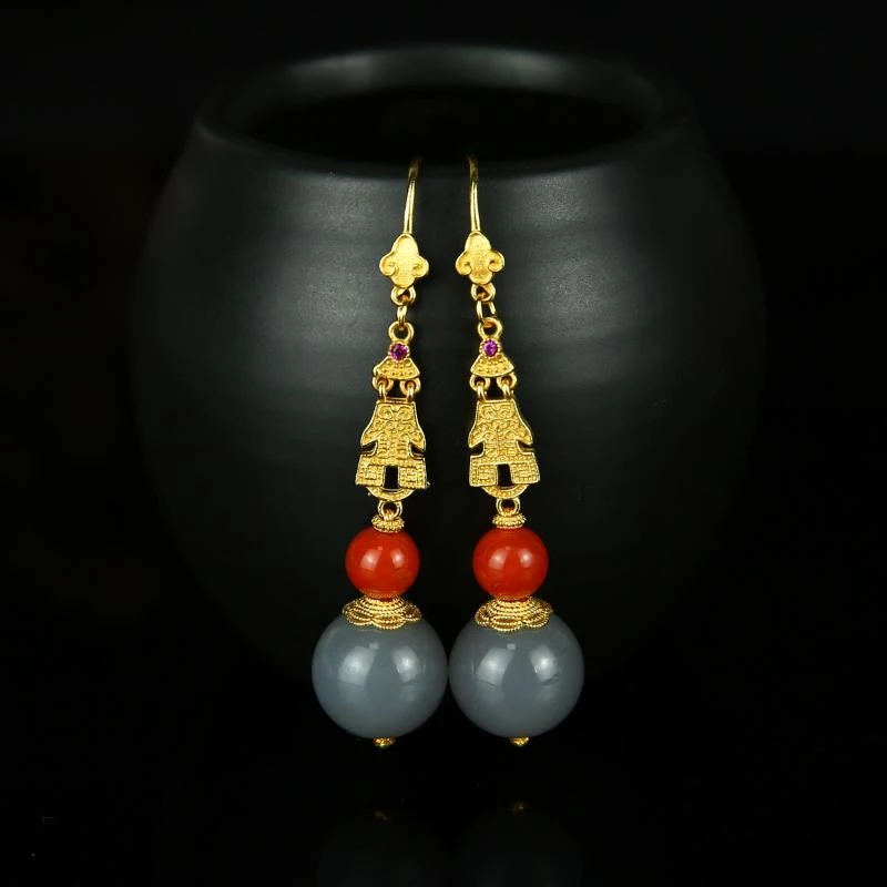 【香掌柜】和田玉烟紫圆珠耳环【发一件】