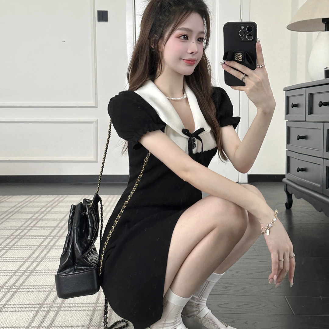 新款韩风收腰显瘦连衣裙型高腰公主裙短袖蝴蝶缎面长裙型夏季