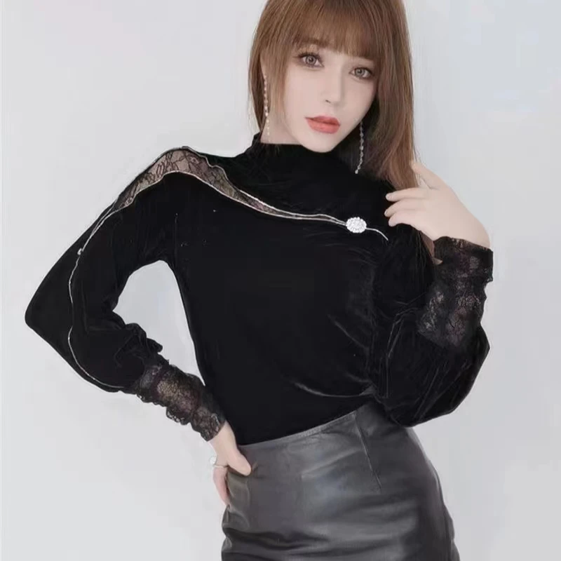 静谧黑蕾丝加绒修身打底衣X21070