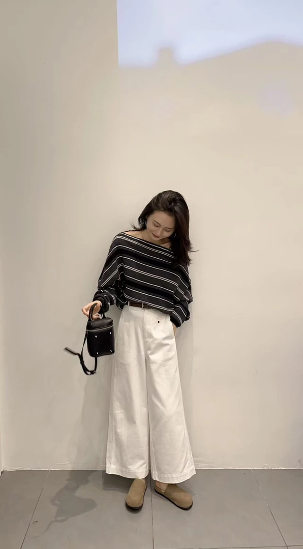 时尚套装两件套2025条纹斜肩上衣气质显瘦洋气休闲百搭宽松长裤女