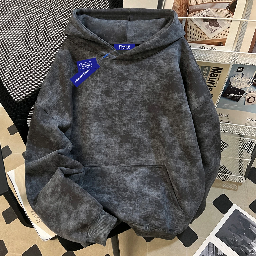 WASSUP UOSNE重磅连帽蜡染卫衣男生2025新款秋冬美式boxy潮牌上衣