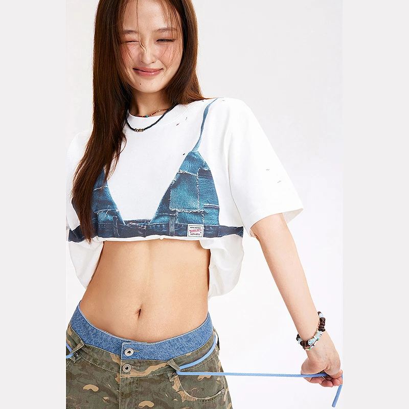 NO ONE ELSE美式复古女装夏季破洞宽松短袖圆领套头上衣印花T恤