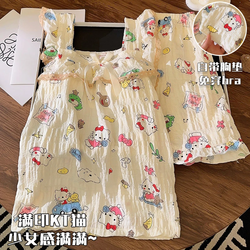 夏季天睡衣女可爱KT猫梭织棉套装2025新款吊带胸垫小个子家居服