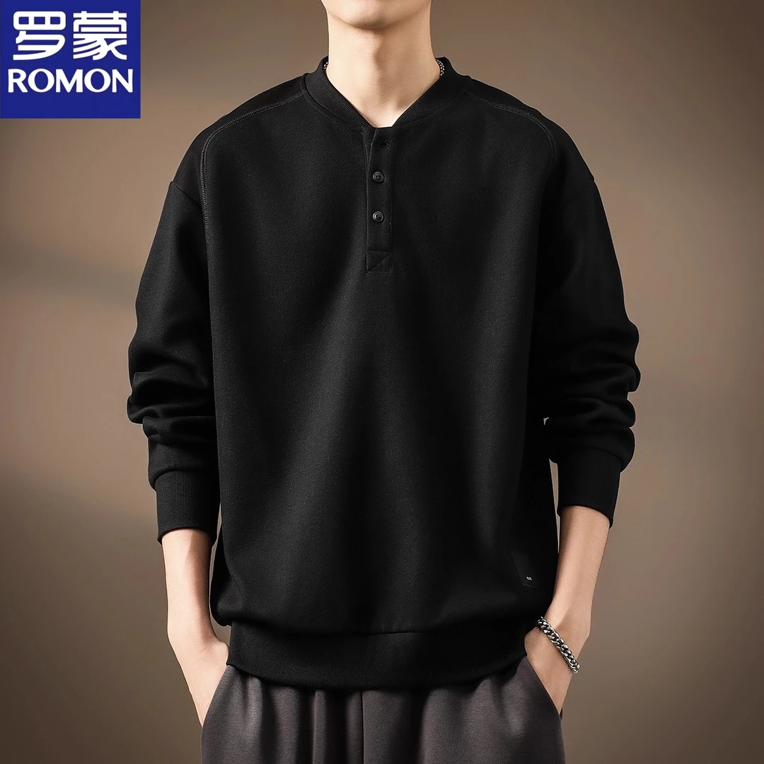 罗蒙高端日系亨利领卫衣男秋季新款宽松内搭上衣美式复古男士外套