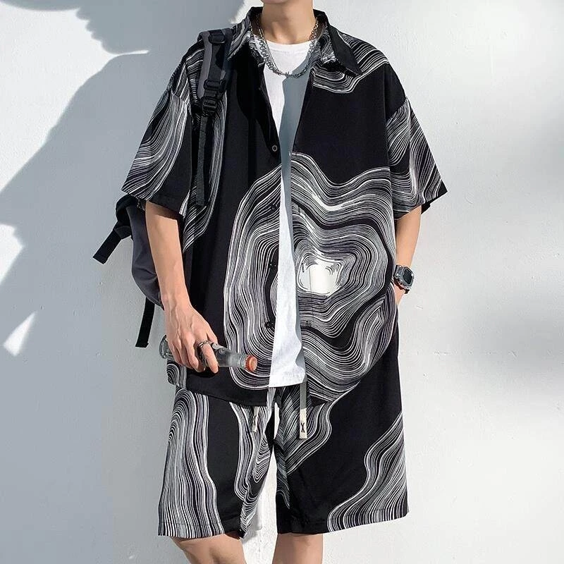 新中式扎染冰丝衬衫套装男夏季国潮高级感潮流宽松短袖短裤两件套