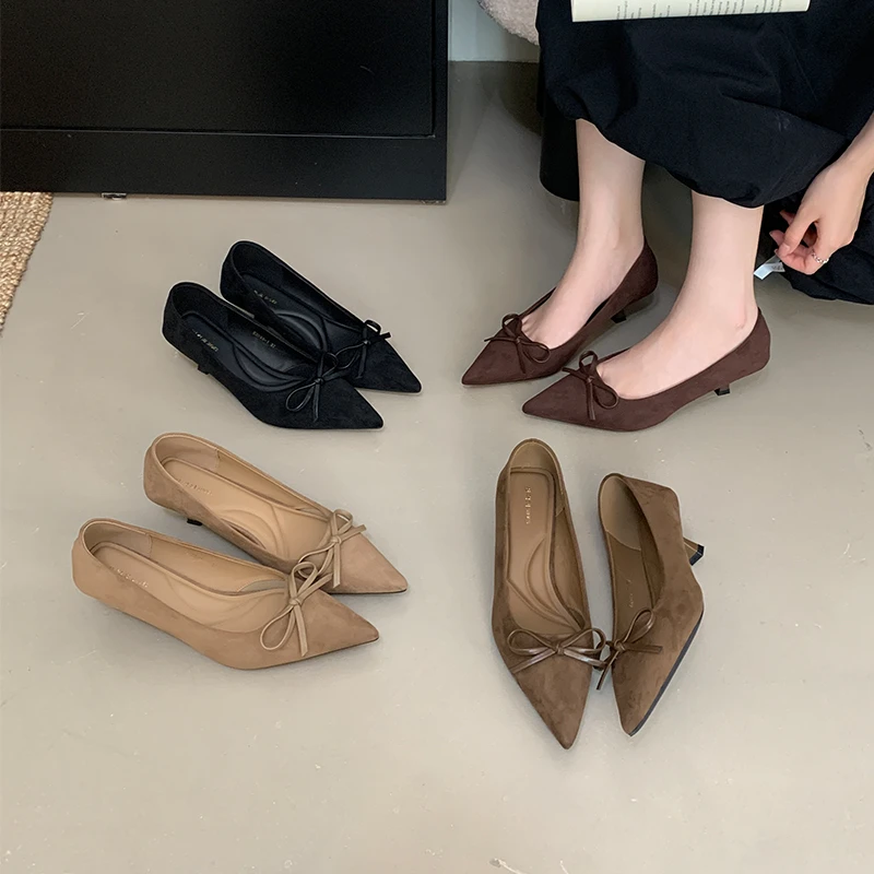 细跟高跟鞋女2025新款秋季百搭蝴蝶结中跟上班通勤尖头低跟单鞋女