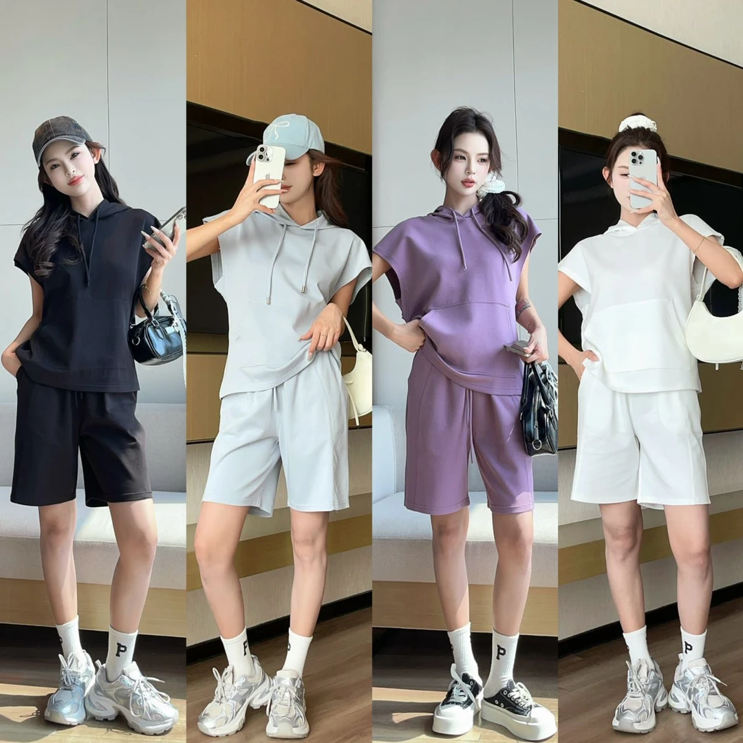 女装夏装套装2025新款爆款休闲时尚连帽卫衣+短裤两件套25-8130