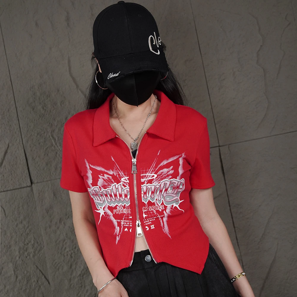 2025夏季新款美式辣妹双拉链翻领短款上衣显瘦休闲潮流短袖T恤女