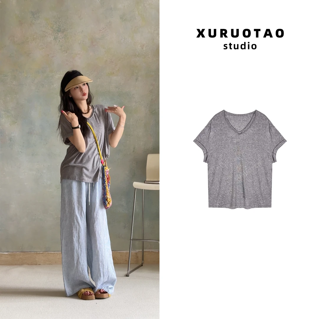 XURUOTAO 【duangduangT】休闲显瘦宽松百搭灰色短袖 T5128