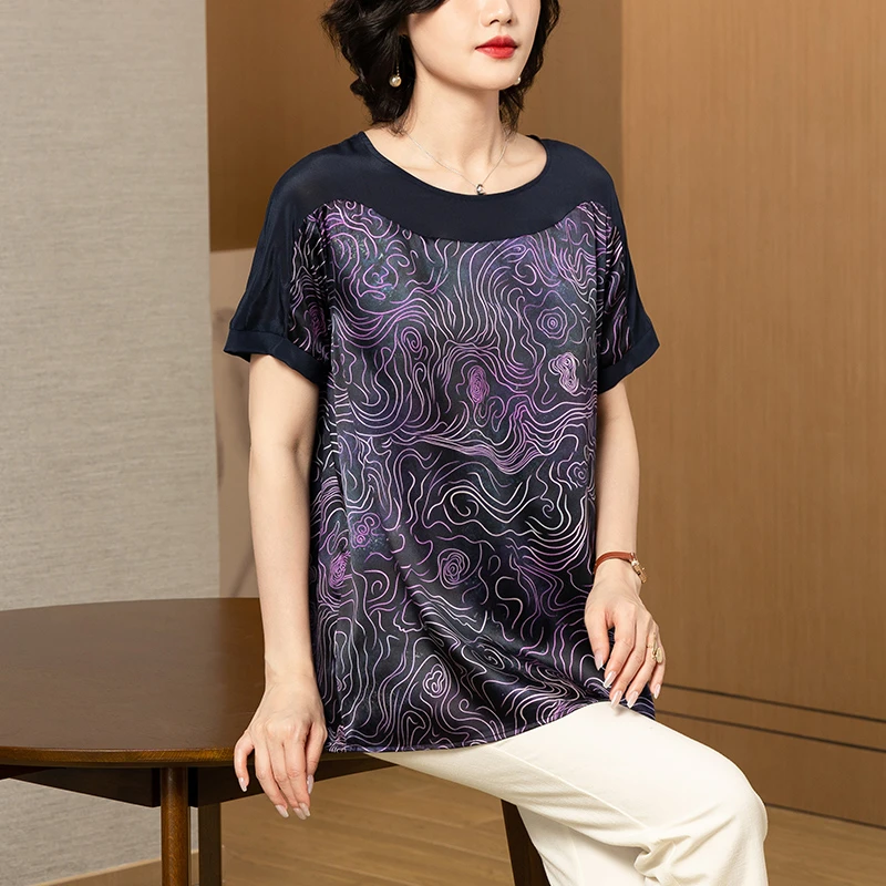 珂影依大码重磅真丝上衣女夏季新款印花拼接短袖洋气桑蚕丝衬衣