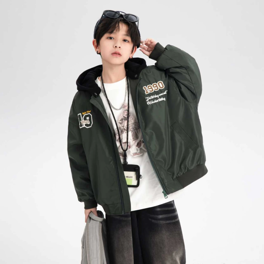 男童冬季加厚可拆卸连帽棒球棉服2025新款儿童夹棉保暖外套潮6064