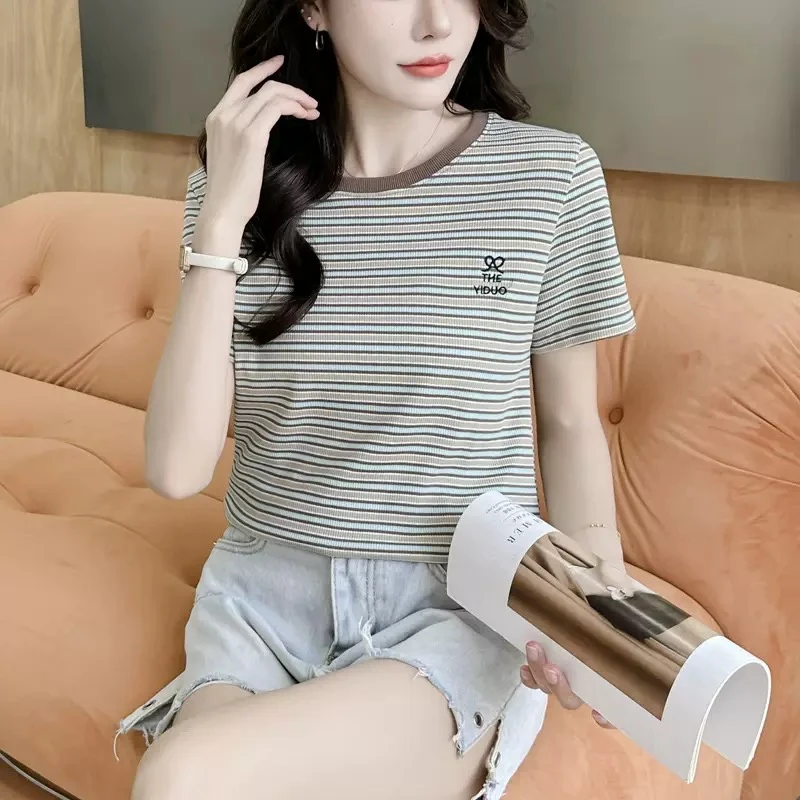 条纹卡通刺绣T恤2025女士春夏新款休闲时尚圆领洋气百搭气质上衣