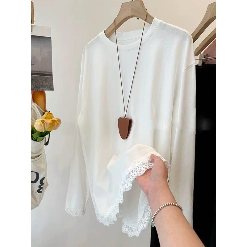 自留款~好穿 韩国蕾丝花边中长白色长袖T恤女春季宽松内搭打底衫