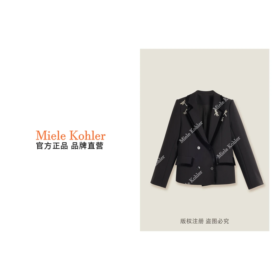 秋冬新款重工烫钻蜻蜓图案翻驳领外套女 MKKQ88462【澳门小源同款】