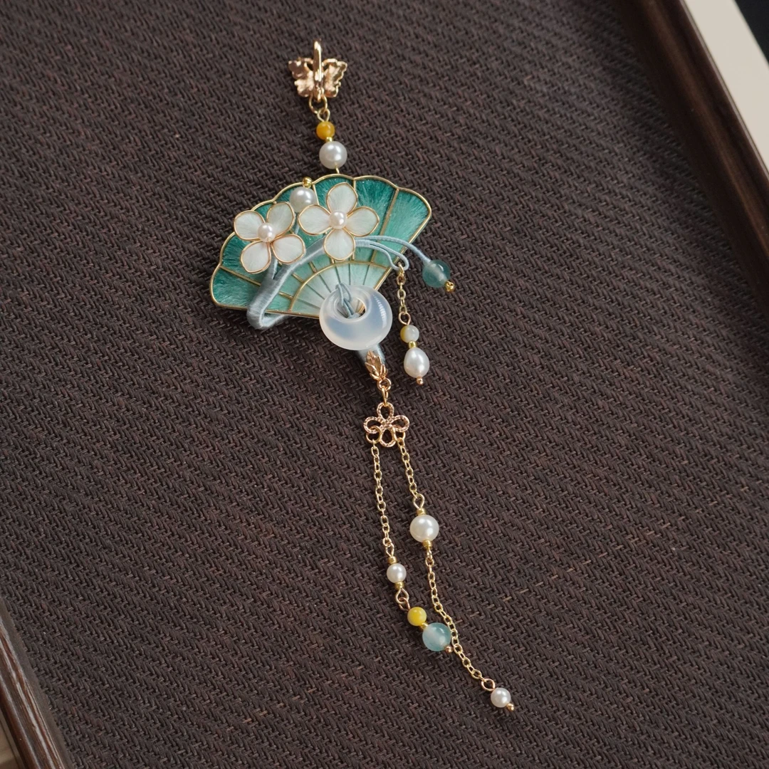 古风扇花 湖水绿压襟扣头 非遗绒花百搭手工中国风古典日常明制