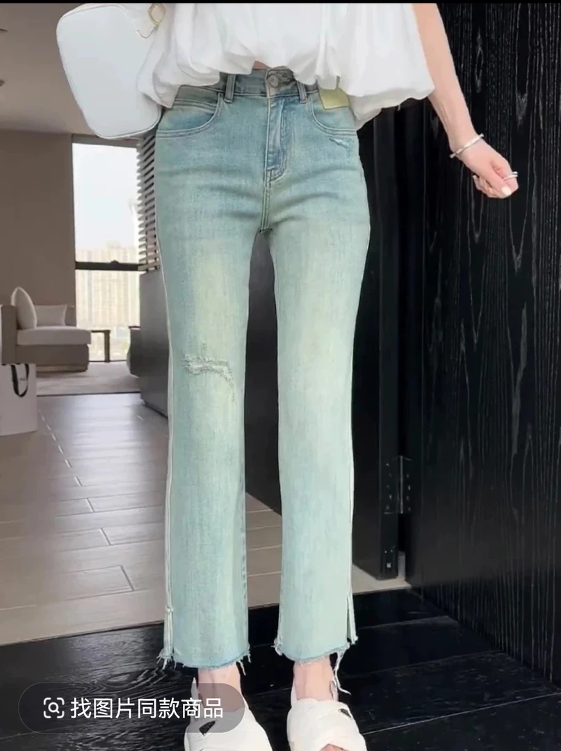 高品质弹力开衩烟管直筒裤时尚百搭显瘦