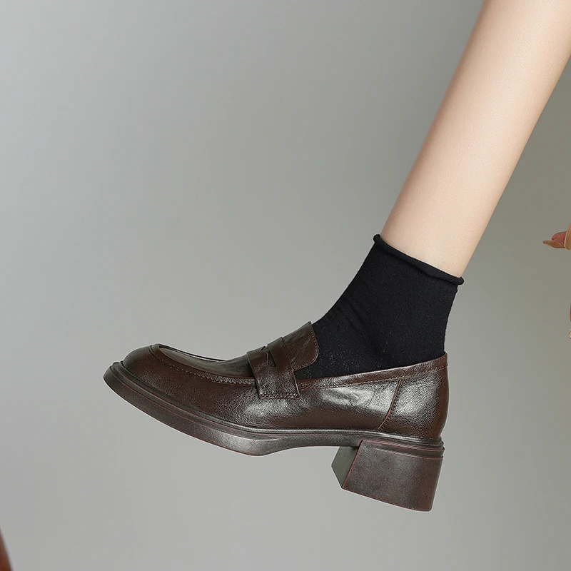 【头层羊皮】5cm跟高百搭简约乐福鞋厚底单鞋