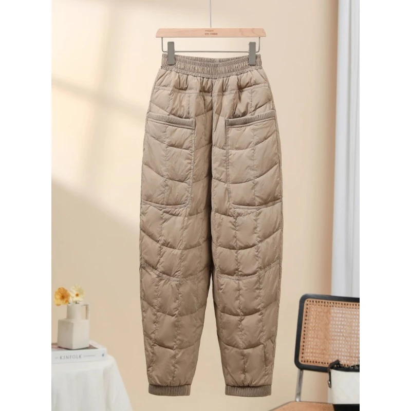 2025冬季卡其色螺纹拼接棉裤女宽松百搭保暖束脚松紧腰直筒休闲裤