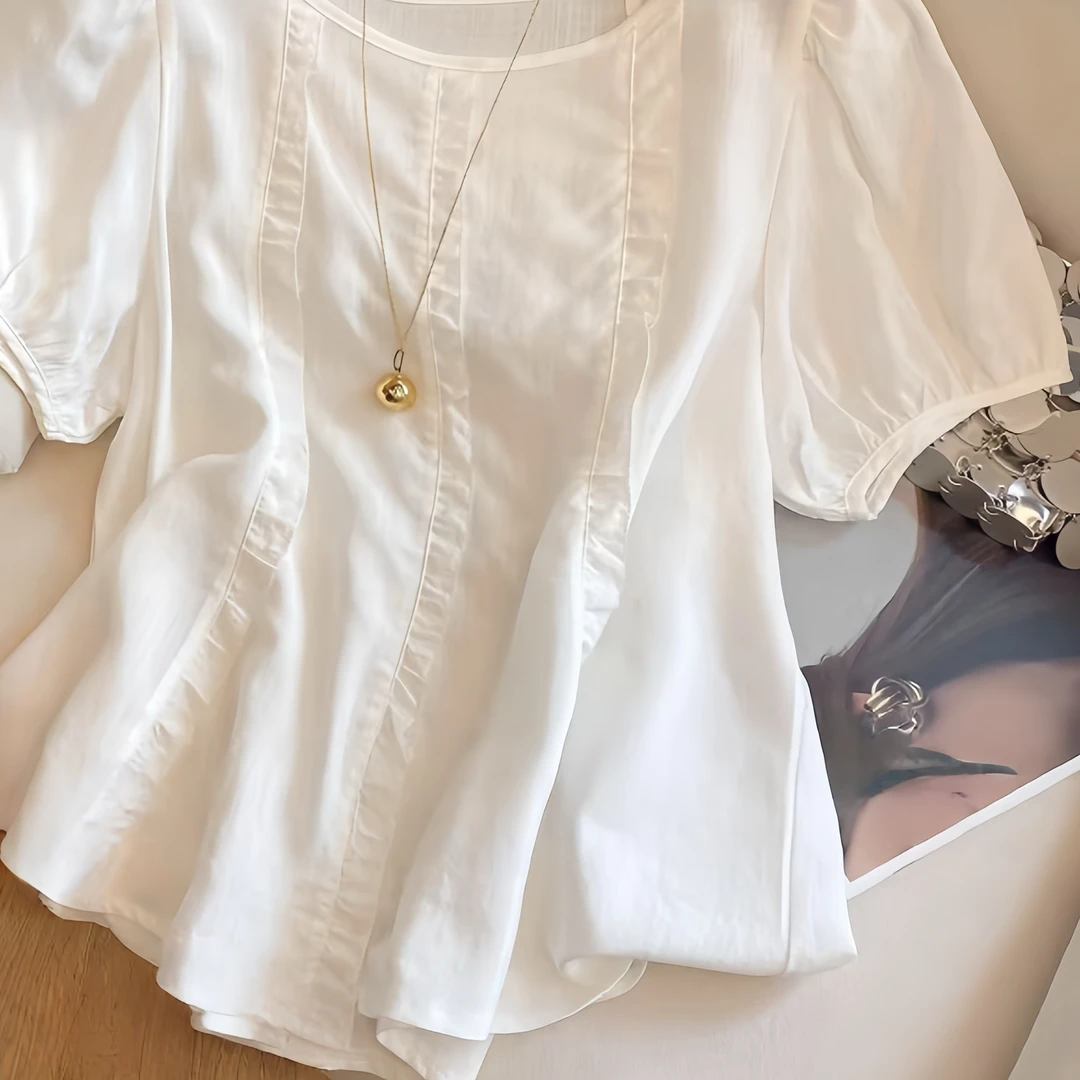 2025夏季新款通勤纯色圆领泡泡袖衬衫女时尚宽松百搭气质设计感潮