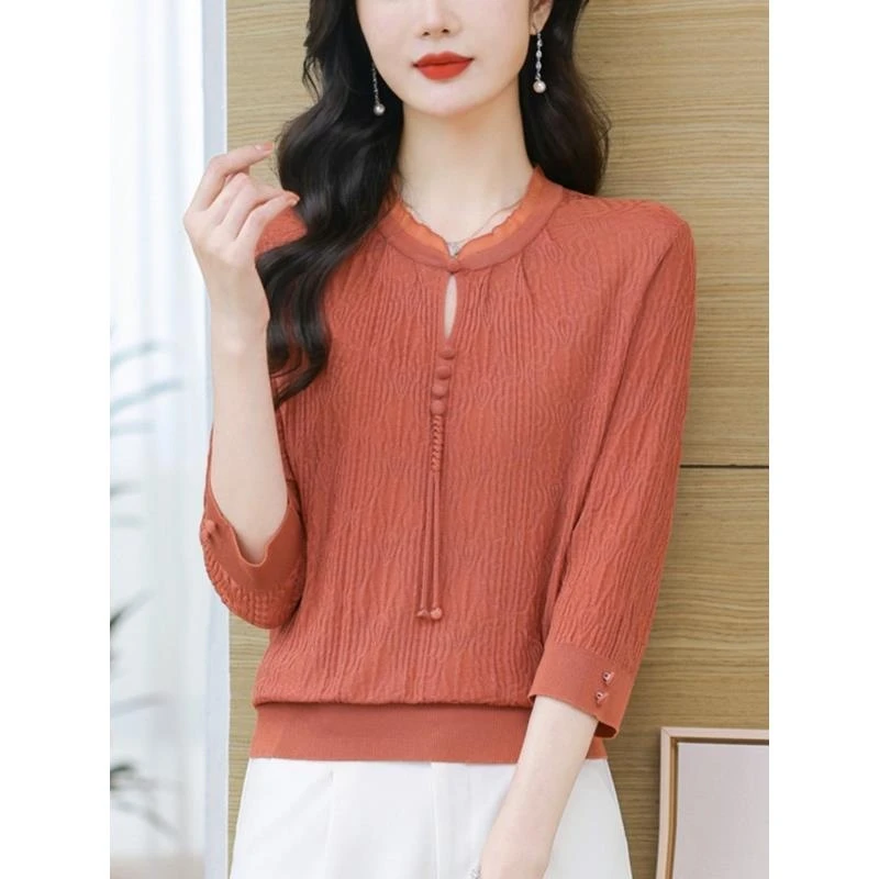 早春新中式妈妈装春装上衣中年女士春秋款洋气夏季七分袖冰丝小衫