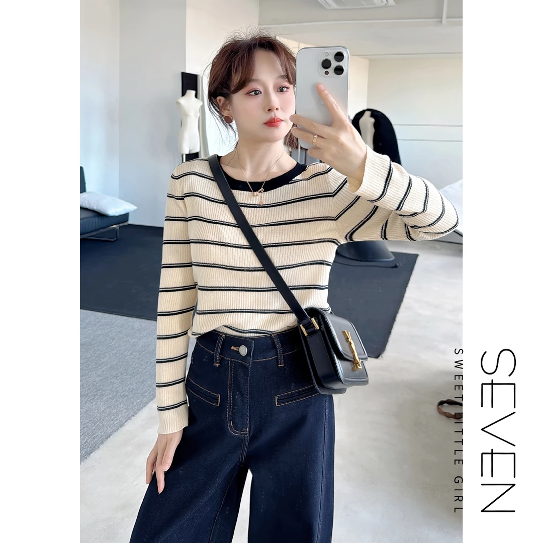 六羊毛⑧七七146小个子早秋新款羊毛混纺撞色条纹针织衫女装小美说