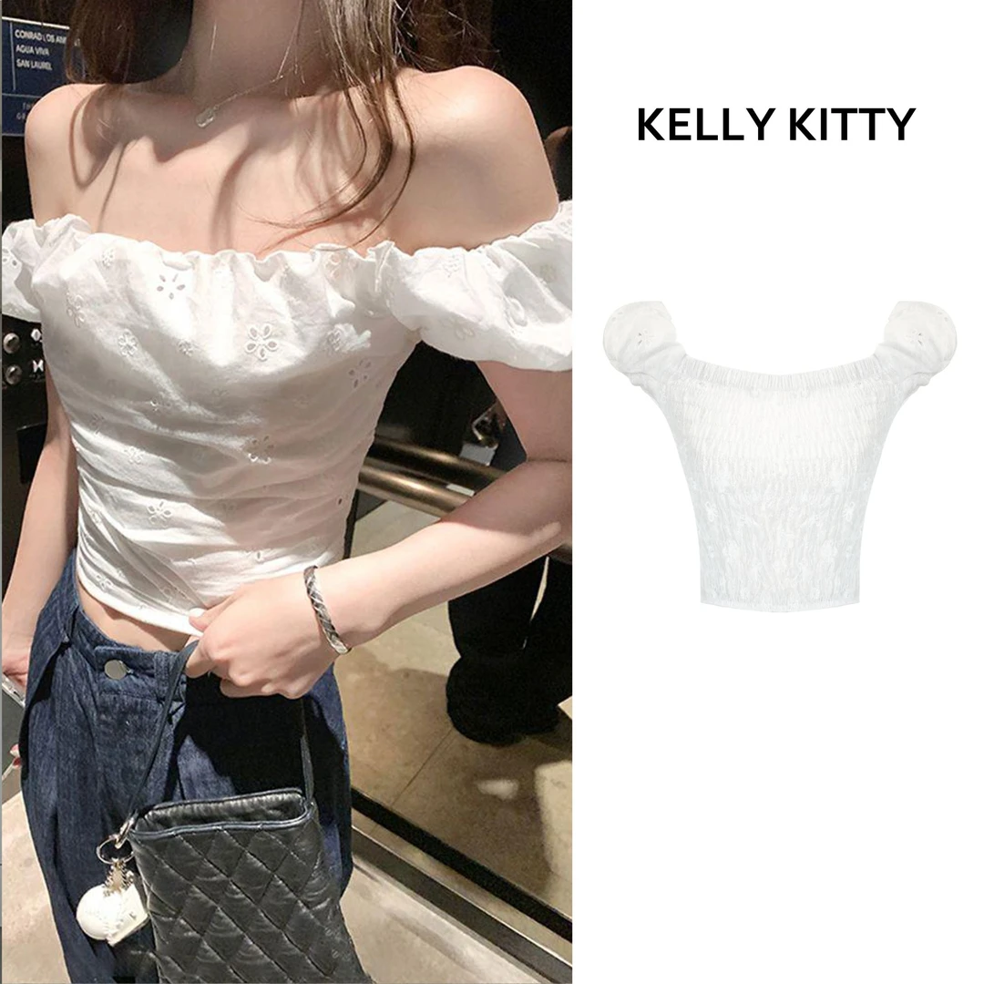 设计感花边泡泡袖一字肩上衣女夏季修身显瘦短款T恤 D8076