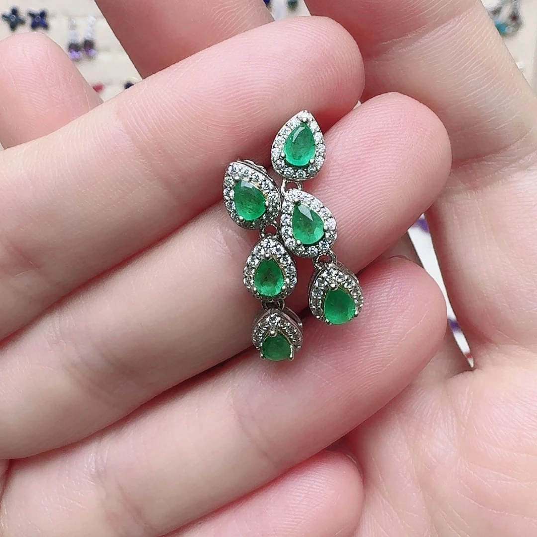 祖母绿耳饰银S925镶嵌耳钉