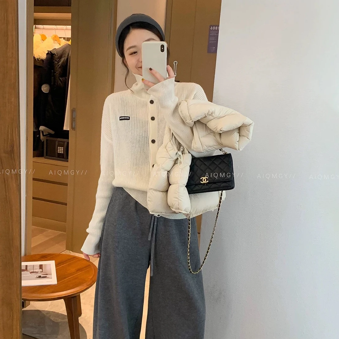 miu系时尚单排扣立领绵羊毛针织开衫 宽松软糯高领毛衣外套女上衣