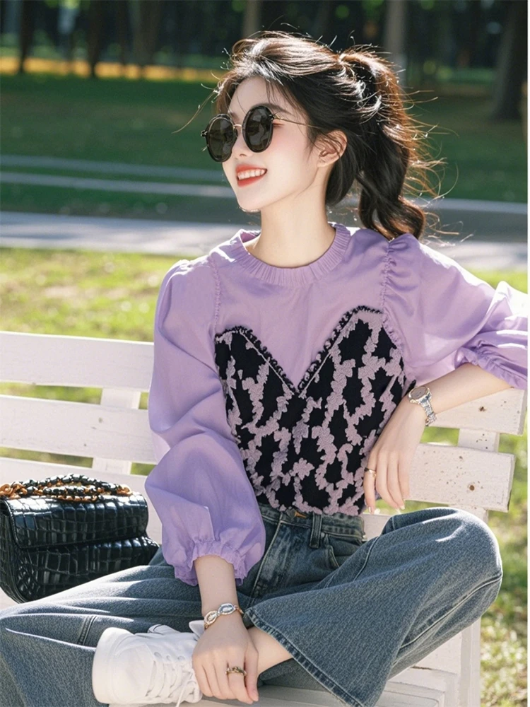 今年流行爆款炸街独特漂亮小衫超好看设计感高级紫色拼接豹纹衬衫