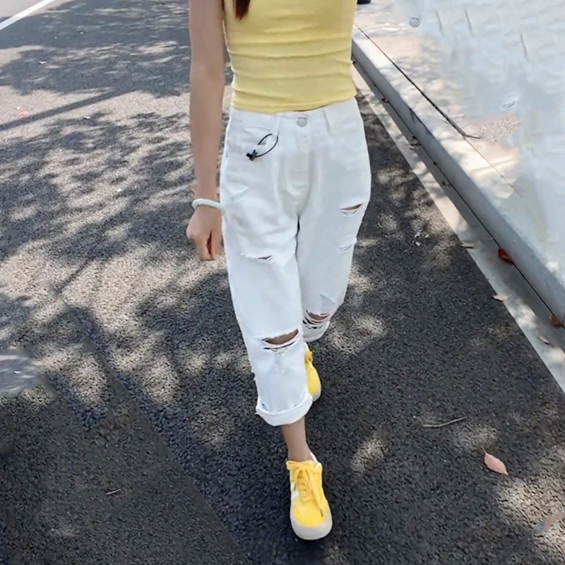 垂坠感破洞美式复古牛仔裤2025夏季新款韩系好看高腰设计薄款裤子