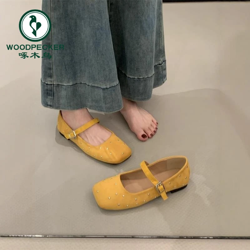 啄木鸟法式平底温柔风晚晚鞋铆钉方头绒面玛丽珍鞋子芭蕾风单鞋女