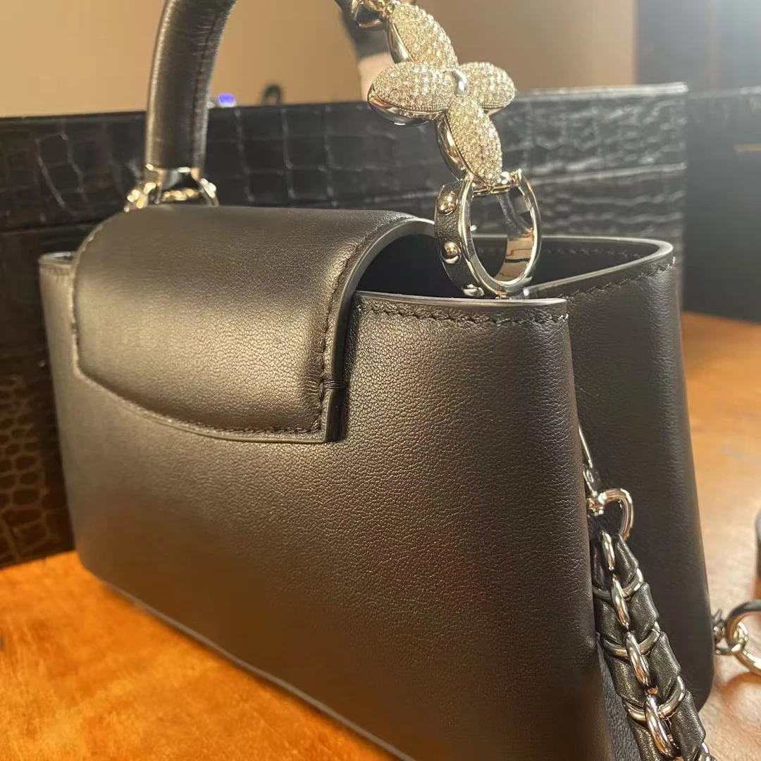 HIRMRIS手工真皮包551073-黑  花柄V露小号 22底长