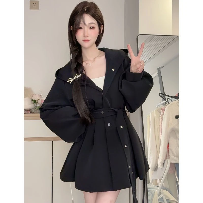 慵懒风黑色连帽休闲宽松风衣外套女秋冬季2025新款设计感气质大衣