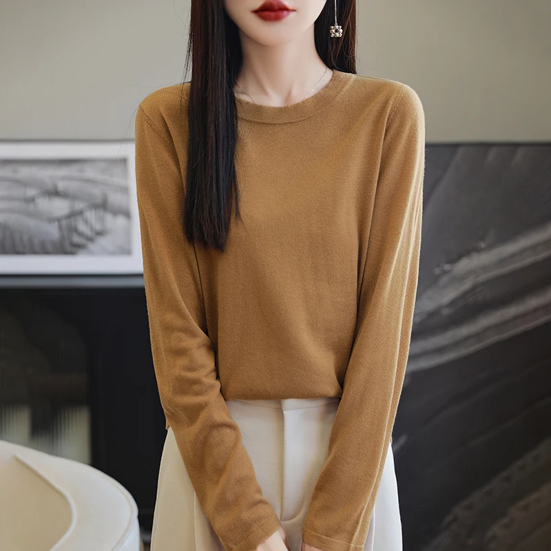 羊范春季薄款蚕丝精纺羊毛长袖女圆领纯色百搭打底衫软糯洋气毛衣