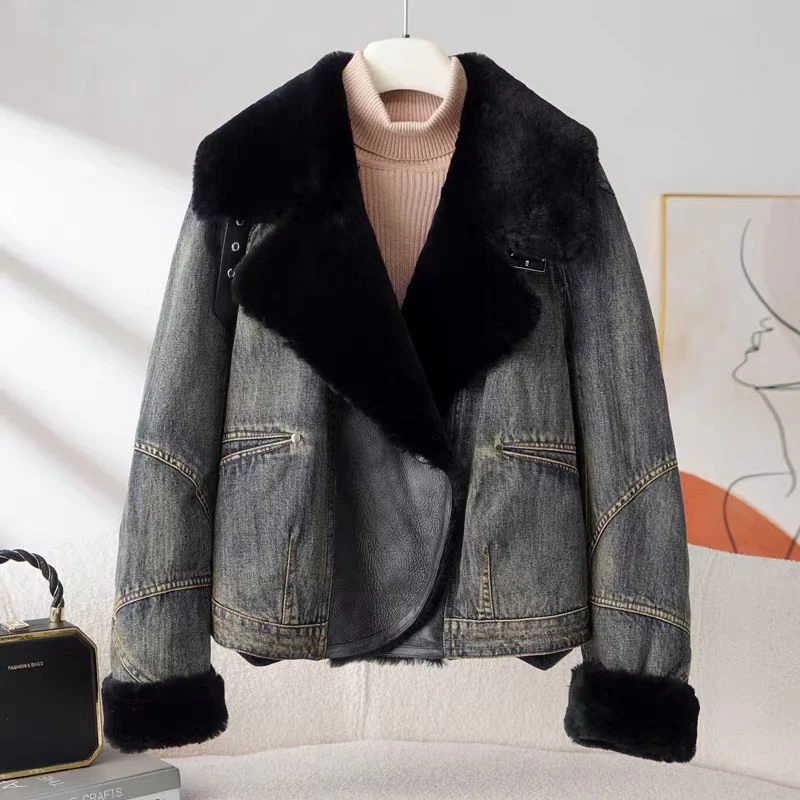 设计师皮毛一体拼接复古牛仔棉衣女冬季保暖百搭加厚棉服西装外套