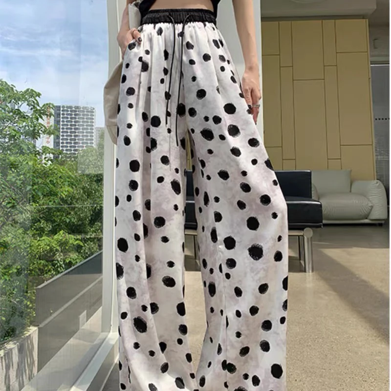 578 冰丝凉凉波点阔腿裤子薄款防晒垂感水墨圆点休闲裤