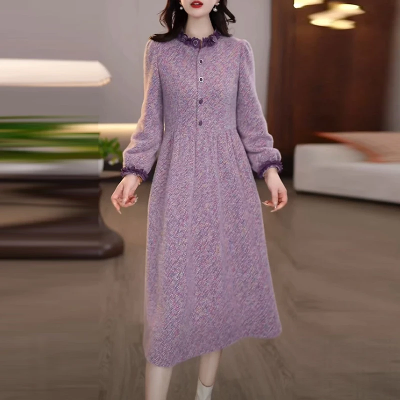 贵妃绒轻奢女装2025秋冬季新款长袖紫色气质显瘦打底内搭连衣裙子
